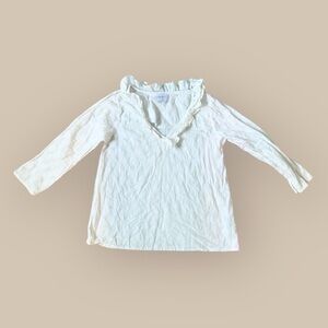 White Long Sleeve V-Neck Top with Ruffle Detail